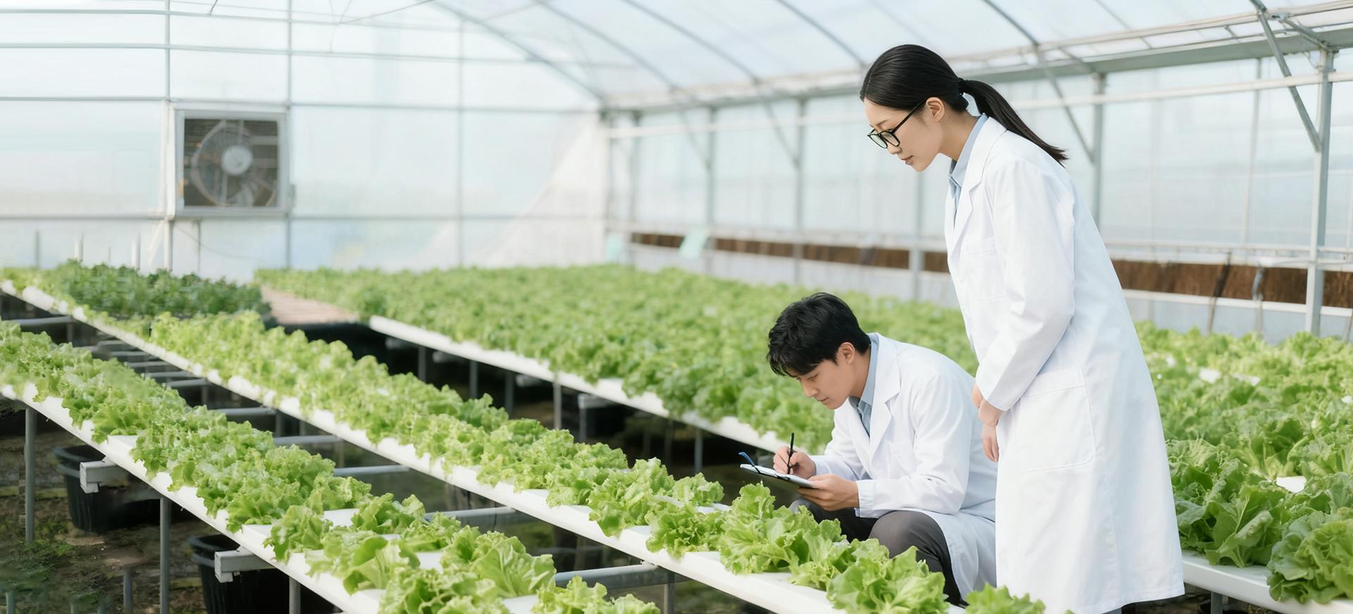 Researchers in lab coats inspecting hydroponic lettuce crops inside a greenhouse