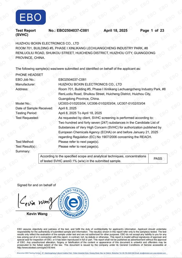 UC headset REACH Certified