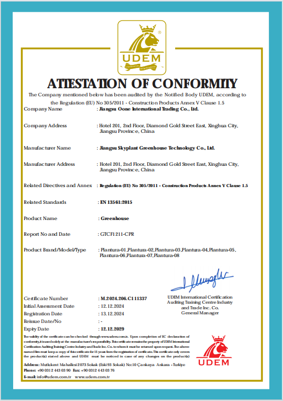 Aurlant EU product conformity certificate for agricultural greenhouses