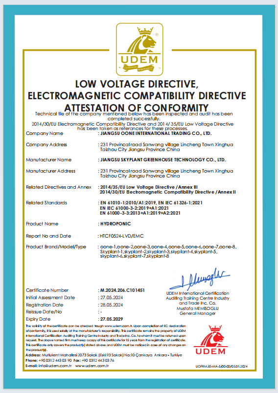 Aurlant CE certification for agricultural hydroponic systems (LVD & EMC)