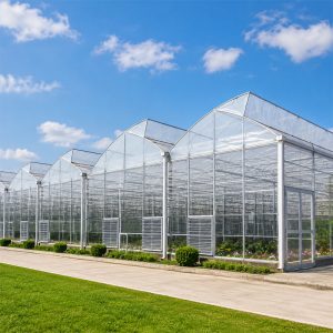 Large scale sawtooth greenhouse with natural ventilation system