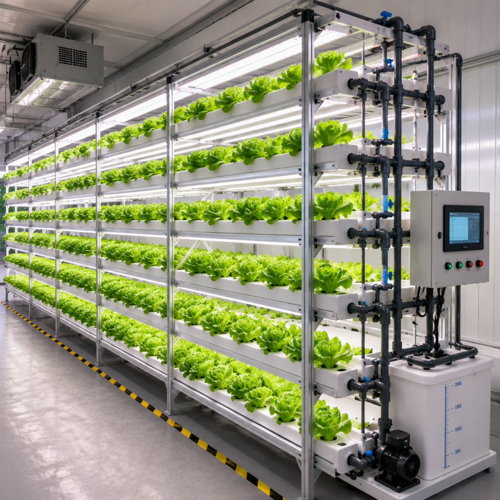 Vertical NFT hydroponic system for commercial leafy vegetable production