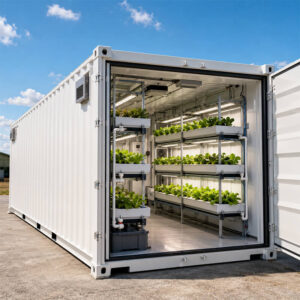 Controlled environment container farm with multi layer growing racks